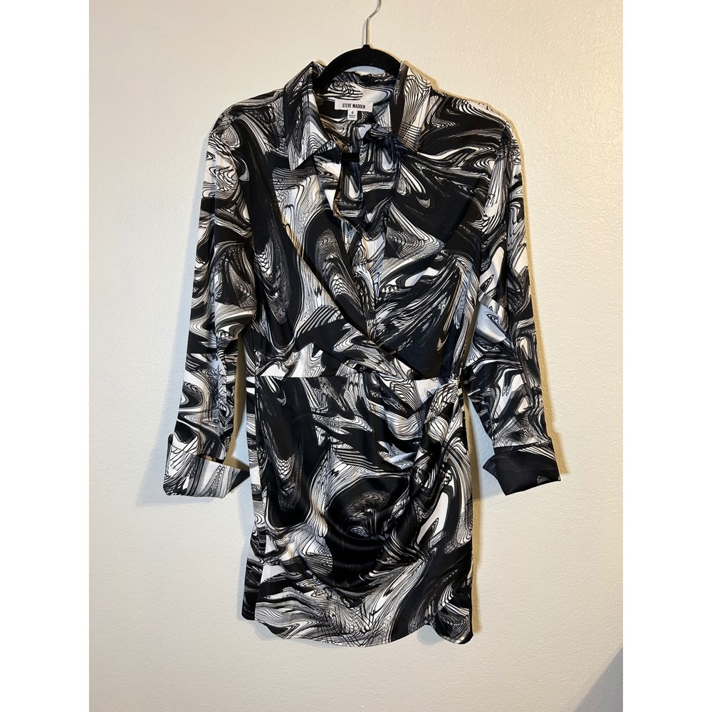 Steve Madden Black White Marble Swirl Mini Dress Long Sleeve Wrap Ruched Size 4